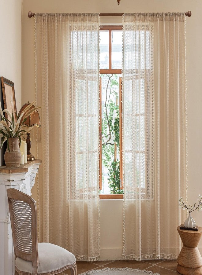 TERLYTEX Boho Curtains 80 Inches Long 2 Panels, W60 x L80 Inch, Geometric Stripes Crochet Patterned Lace Curtains with Tassels for Living Room Rod Pocket Light Filtering Privacy Vintage Bohemian Window Curtain - Image 2